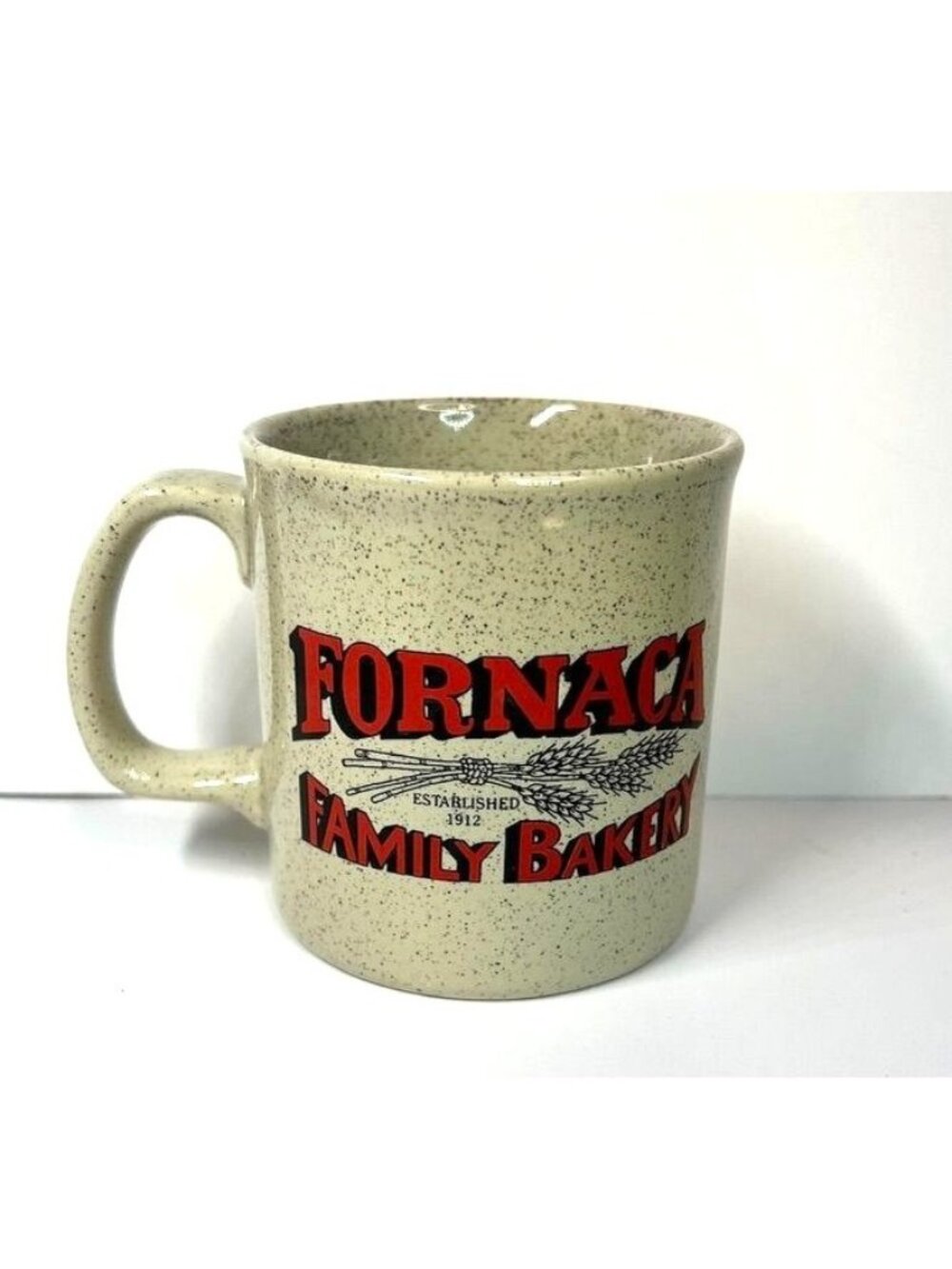 Vintage ceramic mug features the text "FORNACA FAMILY BAKERY ESTABLISHED 1912"C